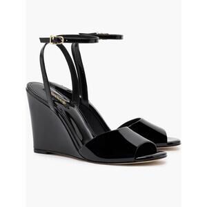 Larroudé Yves Patent Ankle-Strap Wedge Sandals in Black